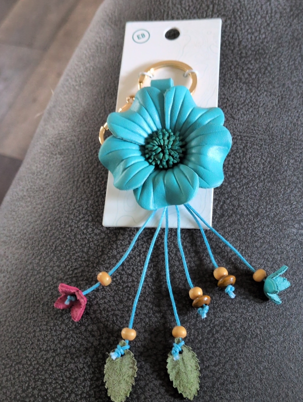 Blue Floral Leather Flower  with Tassel Charms Bag Charm